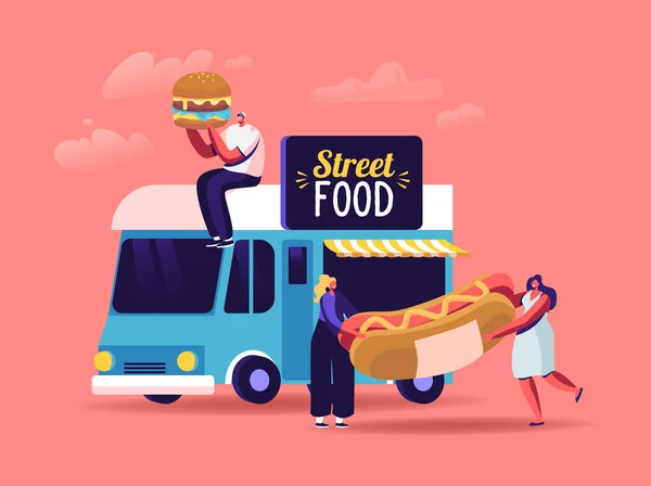 Οι άνθρωποι αγοράζουν Street Food, Takeaway Junk Γεύματα από Wheeled Cafe ή φορτηγό τροφίμων. Μικροσκοπικοί χαρακτήρες με τεράστια Burger ή Hot Dog — Διανυσματικό Αρχείο