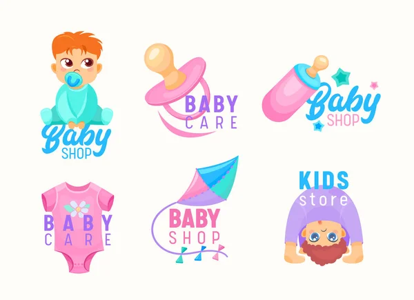 Set van Kids Store en Baby Shop Cartoon Icons. kleine baby 's, speentje en melk fles met vlieger kinderen productie Ad — Stockvector