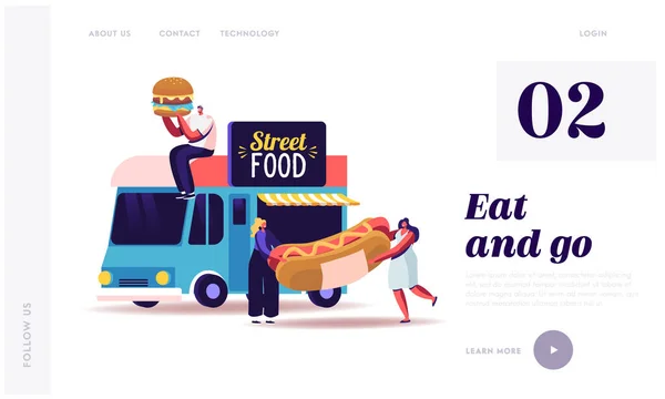 Leute kaufen Street Food Landing Page Template. Essen zum Mitnehmen aus dem LKW. Charaktere mit Burger und Hot Dog — Stockvektor