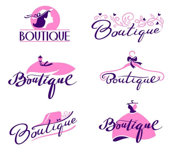 Conjunto de Boutique Lettering y Tipografía. Escritos dibujados a mano y mecanografiados con elegante fuente cursiva con vestido de mujer, sombrero — Vector de stock