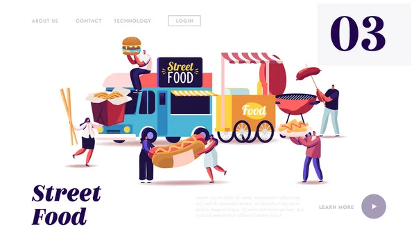 Charaktere kaufen Street Food Landing Page Template. Winzige Leute mit riesigem Fast Food Hot Dog, Nudeln essen Junk Meals — Stockvektor