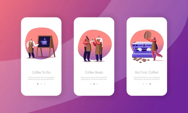 Barista koffie zetten in Cafe Mobile App Page Onboard Screen Template. Kleine obers of barmannen die warme drank inschenken — Stockvector