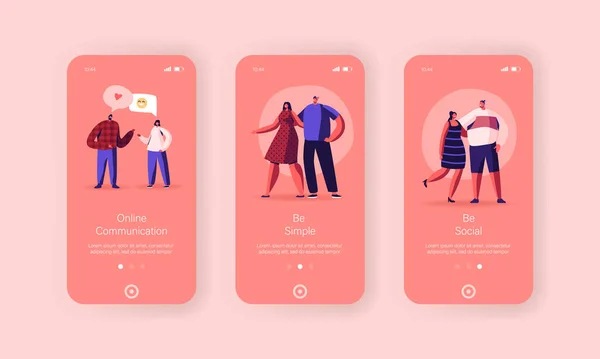 Online Communicatie Mobiele App Page Onboard Screen Template. Personages Communiceren via Smartphone Internet — Stockvector