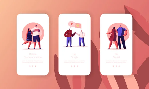 Ragnatela Incontri e in linea Amore Chat Mobile App Pagina a bordo Schermo Template. Le persone comunicano in Internet Concept — Vettoriale Stock