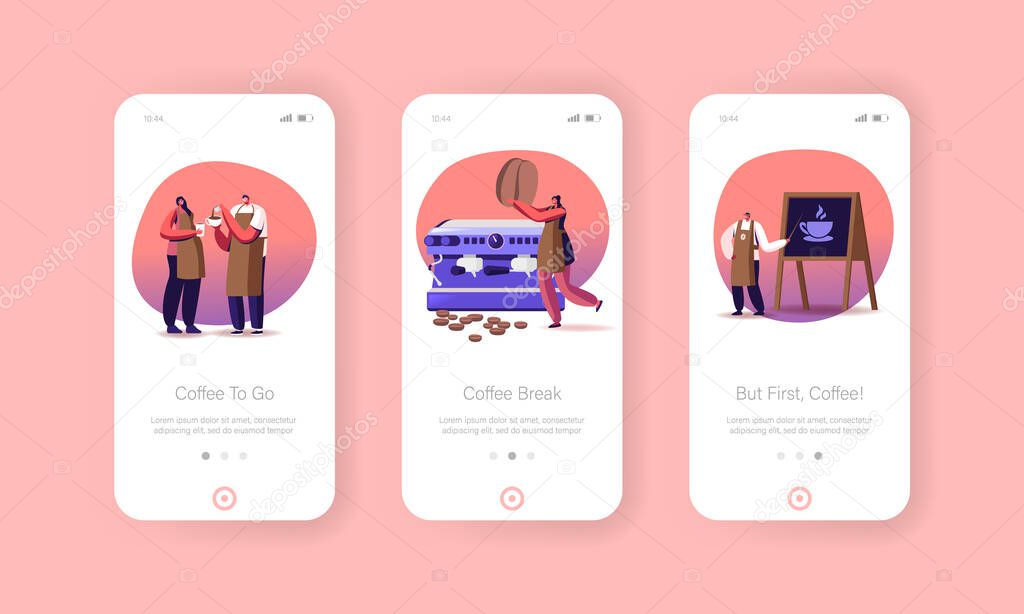Coffee Brewing Mobile App Page Onboard Screen Template. Tiny Bartender Characters Wearing Uniform Apron Cooking Beverage