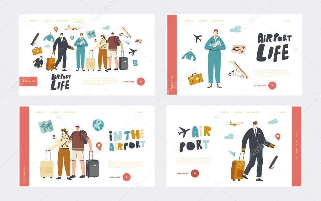 Airport Landing Page Template Set. People Boarding on Airplane. Travelers and Aircraft Crew Invite Passengers to Board