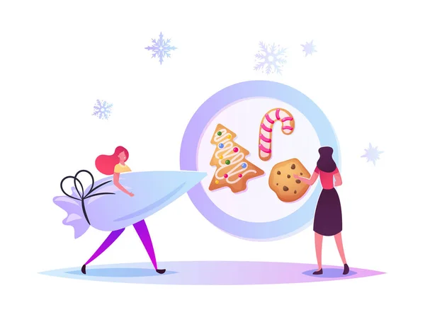 Slavnostní aktivita Příprava na vánoční svátky Oslava. Drobné postavy pečení obrovské vánoční pekařství a sladkosti — Stockový vektor