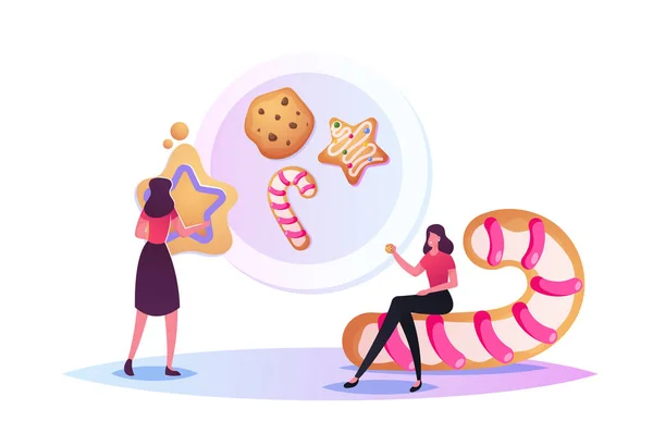 Pequeños personajes horneando enormes cortes de panadería navideña, galletas de masa cruda y dulces. Navidad o Año Nuevo Vacaciones — Vector de stock