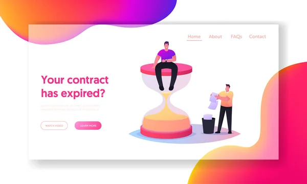 Utgångsdatum för mallen för landningssida för dokument. Liten man sitter på enorma timglas tittar på handled klocka, man kasta ut papper — Stock vektor