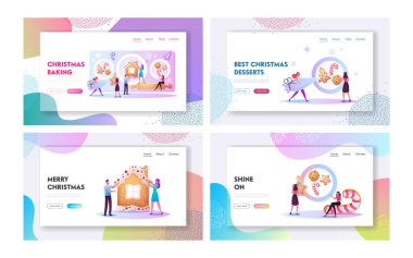 Minik Karakterler Büyük Noel Fırını, Kurabiyeler veya Sweets İniş Şablonu Seti. Bayram kutlamaları için şenlik etkinliği hazırlığı. İnsanlar Xmas Tatlıları Pişiriyor. Çizgi film Vektör İllüstrasyonu