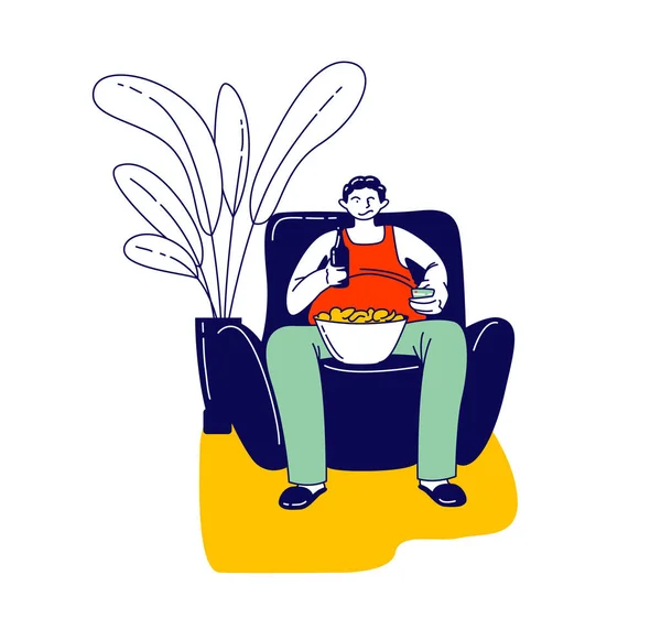 怠惰、劣等感、不健康な食生活悪い習慣の概念。ファット怠惰な男の文字は、ファーストフードと自宅で肘掛け椅子に座る — ストックベクタ