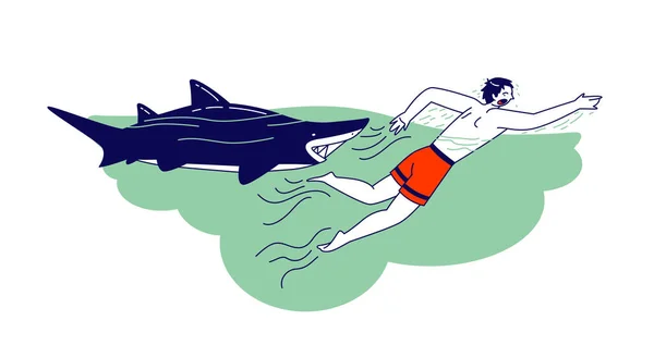 Carattere in fuga dallo squalo. Un uomo attaccato con un animale acquatico. Pericolo durante il viaggio e il concetto di ricreazione all'aperto — Vettoriale Stock