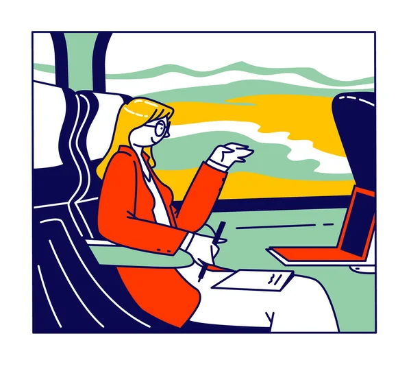 Viaje de negocios, concepto de transporte de trabajo. Empresaria sentada en autobús en asiento cómodo con computadora portátil y papel — Archivo Imágenes Vectoriales