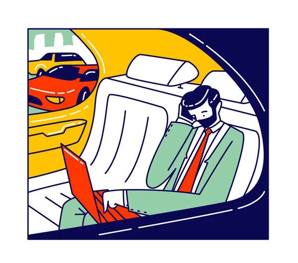 Vip Taşımacılık, İş Gezisi Ulaşım Konsepti. Akıllı Telefonlu İşadamı Karakteri Lüks Arabasında Oturuyor — Stok Vektör