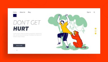 Hayvanat Bahçesi veya Orman İniş Sayfası Şablonu 'nda Maymun Saldırısı Turist Karakteri. İnsan Yolculuk sırasında Vahşi Hayvana Saldırdı