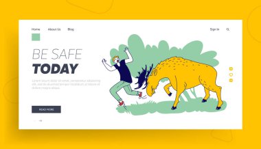 Kızgın Boynuzlu Geyik İniş Sayfası Şablonu 'ndan Kaçış Karakteri. Eğlence sırasında Vahşi Tehlike Hayvanı Saldırısı