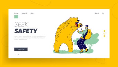 Turist ya da Avcı Erkek Karakteri Bear Landing Page Şablonu ile Saldırıya Uğradı. Tehlikeli Vahşi Hayvanlar Yolculuk sırasında Saldırdı