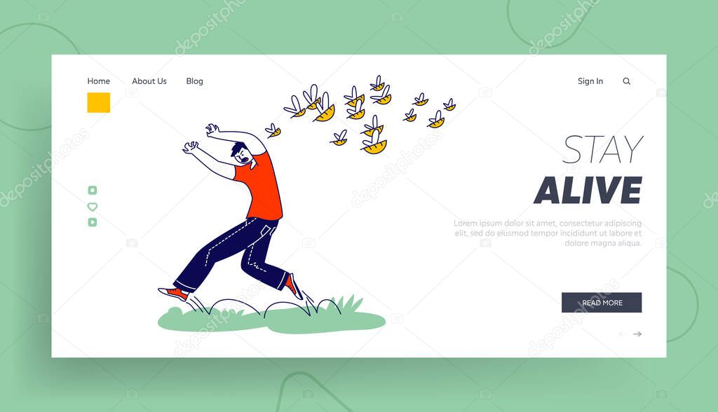 Male Character is Attacked with Swarm of Wild Bees Landing Page Template. Man Escaping from Angry Insects Attack