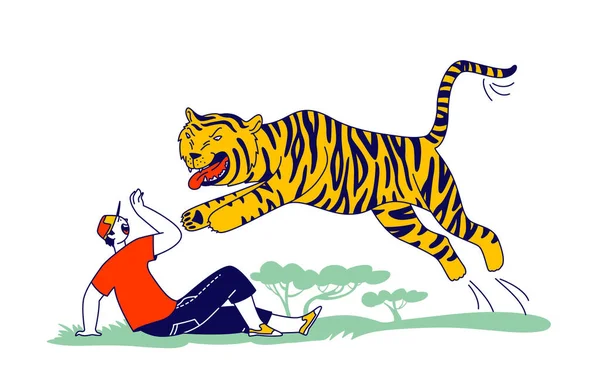 Personagem Turístico Masculino Atacado com Tigre na Floresta. Perigo do conceito de animais selvagens. Situação inesperada na natureza — Vetor de Stock