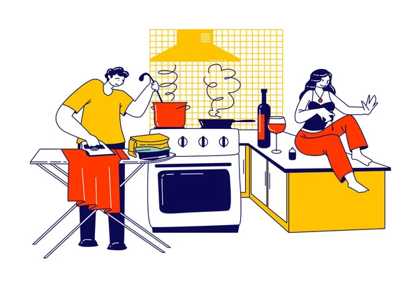 Lazy Spouse Concept. mari repassage vêtements et cuisine dîner, femme femme assise sur la table faire manucure boire du vin — Image vectorielle