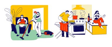 Tembel Eş Konsepti. Eş ya da koca karakterleri günlük ev işleri yaparken partnerleri hiçbir şey yapmıyormuş.