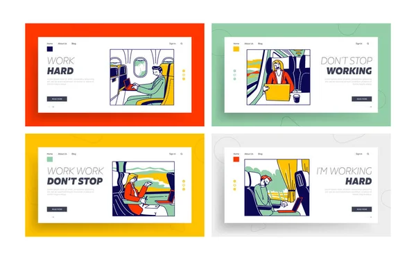 Üzletemberek Karakterek Drive to Business Trip on Different Transport Landing Page Template Set. A munkában utazók — Stock Vector