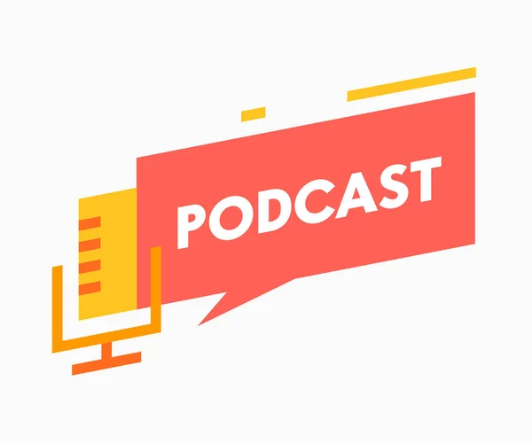 Podcast Banner з мікрофоном та бульбашками мовлення. Audioprogram Emblem Livestream, розважальний логотип значок або ярлик — стоковий вектор