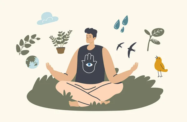 Unidad con el concepto de la naturaleza. Hombre Meditando al Aire Libre Siéntate en Lotus Yoga Asana Pose. Estilo de vida saludable, tiempo libre relajado — Vector de stock