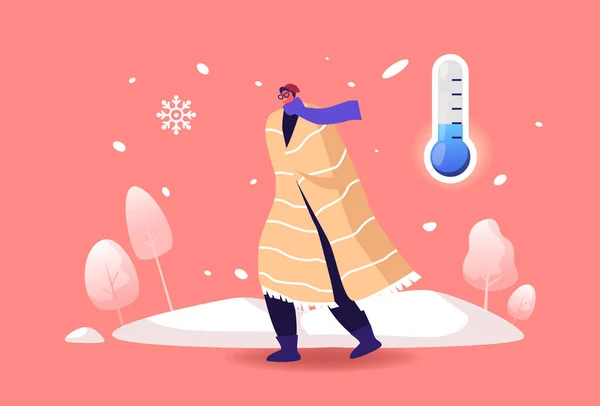 Hűtött Passerby Walking Against Wind and Snow on Street hideg havas téli időjárás alacsony hőmérsékleten szabadban — Stock Vector