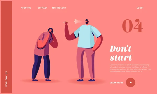 Plantilla de landing page pasiva de segunda mano para fumadores en lugares públicos. Mujer tosiendo de humo Stand cerca de hombre fumador — Archivo Imágenes Vectoriales