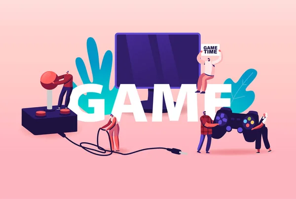 Computer Games Concept. Personaggi minuscoli con enorme console e Joystick sullo schermo della TV. Dipendenza da gioco per il tempo libero, Tempo libero — Vettoriale Stock
