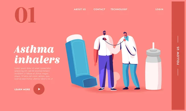 Atmen mit Inhaler Landing Page Template. Asthma, medizinische Versorgung, Atemmedizin, Lungenheilkunde, Lunge — Stockvektor