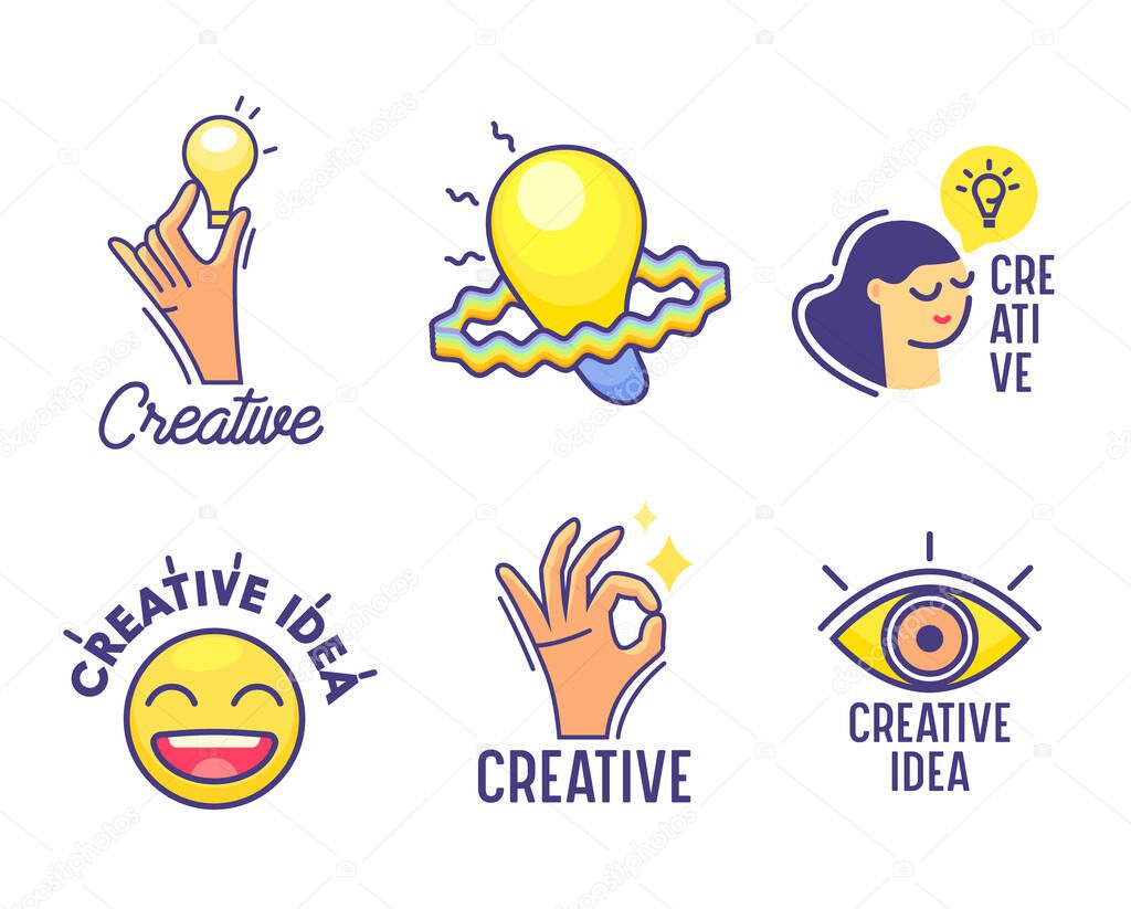 Set of Cartoon Icons Creative Idea Theme. Hand Holding Glowing Light Bulb, Thoughtful Woman Face and Lamp, Open Eye, Laughing Smile Emoji and Palm Show Ok Gesture. Vector Illustration Isolated Emblems