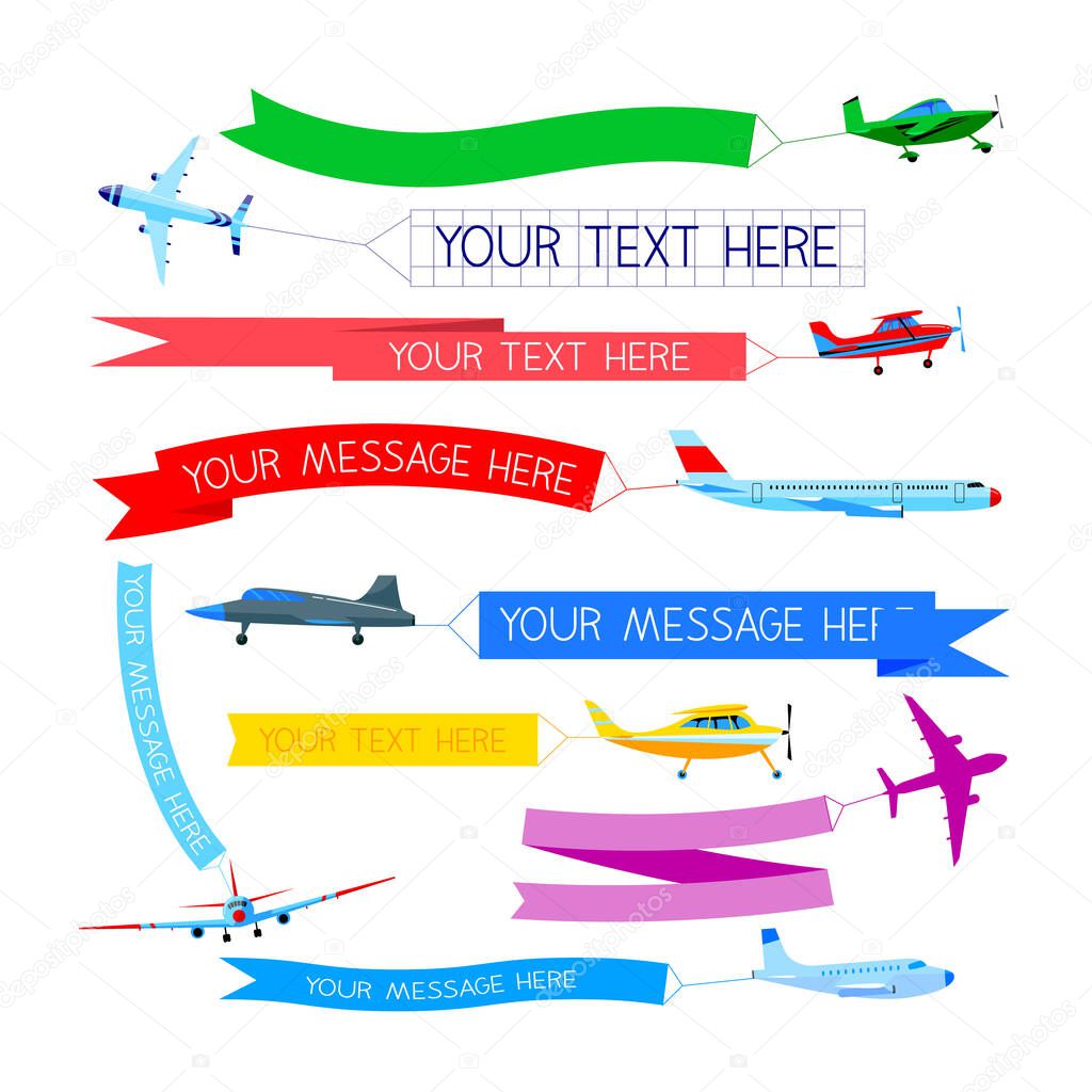 Set of Planes with Banners. Airplanes or Aircraft with Blank Message Advertisement and Text Template for Ad, Airliners