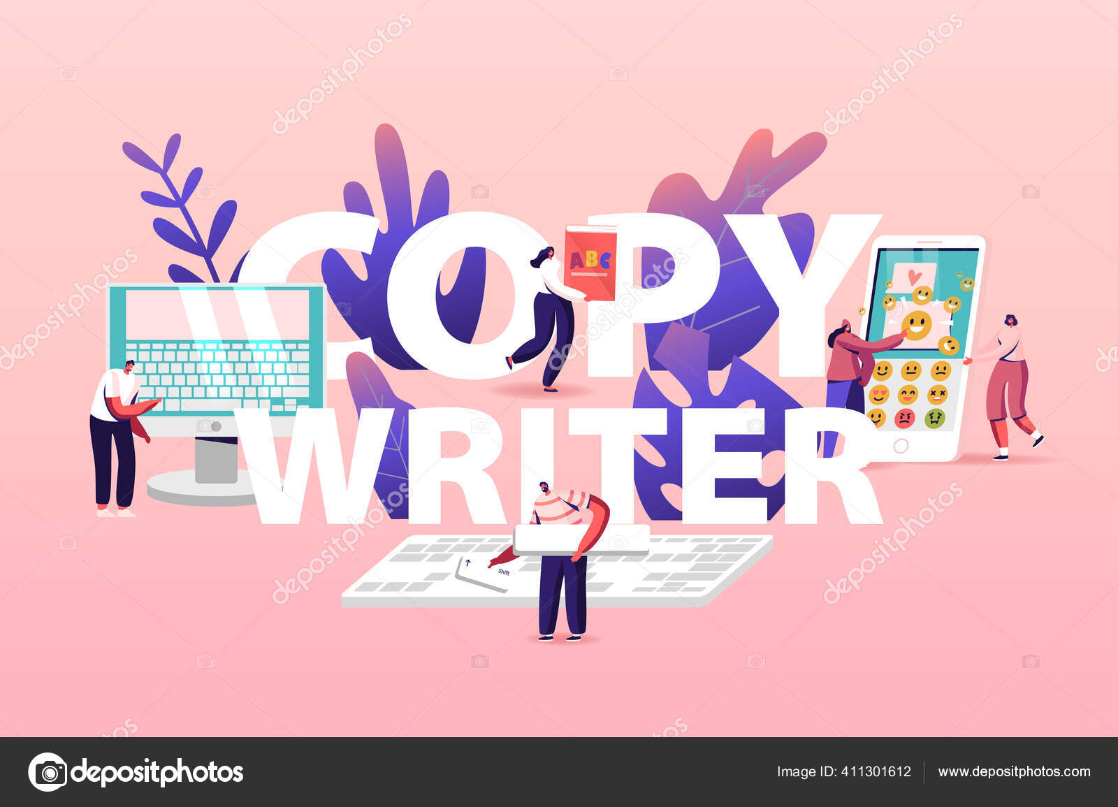 Copy Writer Work Concept. Online Journalist Characters Write