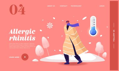 Düşük Isı İniş Sayfa Şablonu. Soğuk Karlı Kışın Rüzgâra Karşı Yürüyen Soğuk Yolcu