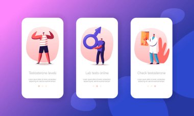Testosteron Hormonal Teşhis Mobil Uygulama Sayfası Ekran Şablonu. Tiny Man Karakteri Büyük Mars İşareti Tutuyor
