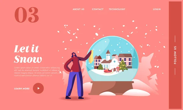 Plantilla de Landing Page de Navidad y Año Nuevo. Pequeño personaje femenino con enorme globo de cristal con Santa Claus — Archivo Imágenes Vectoriales