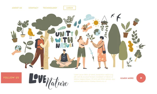 Unity with Nature, Save Planet and Ecology Protection Landing Page Template (dalam bahasa Inggris). Karakter Meditasi Outdoor, Pohon Pelukan - Stok Vektor