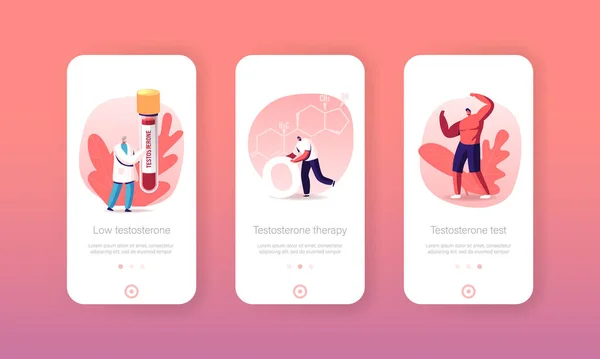 Testosteron Mobile App Page Onboard Screen Template. Kleine mannelijke karakters Hormone diagnostiek en behandeling, Bloedonderzoek — Stockvector