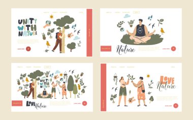Doğa, Gezegeni Kurtarma ve Ekoloji Koruma İniş Sayfa Şablonu Ayarları ile Birlik. Karakterler Meditasyon, Flora ile Bağlantı