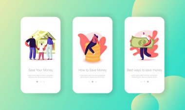 İnsanlar Para Kaydediyor Mobil Uygulama Sayfası Ekran Şablonu. Devasa Banknotları ve Bozuklukları olan karakterler. Mali Başarı