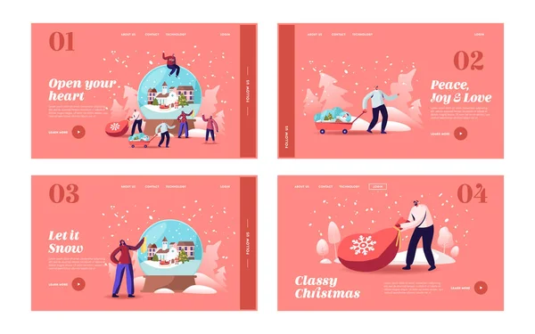 Weihnachtsfeiertage Feier Landing Page Template Set. Winzige Figuren rund um die riesige Kristallkugel bereiten Geschenke vor — Stockvektor