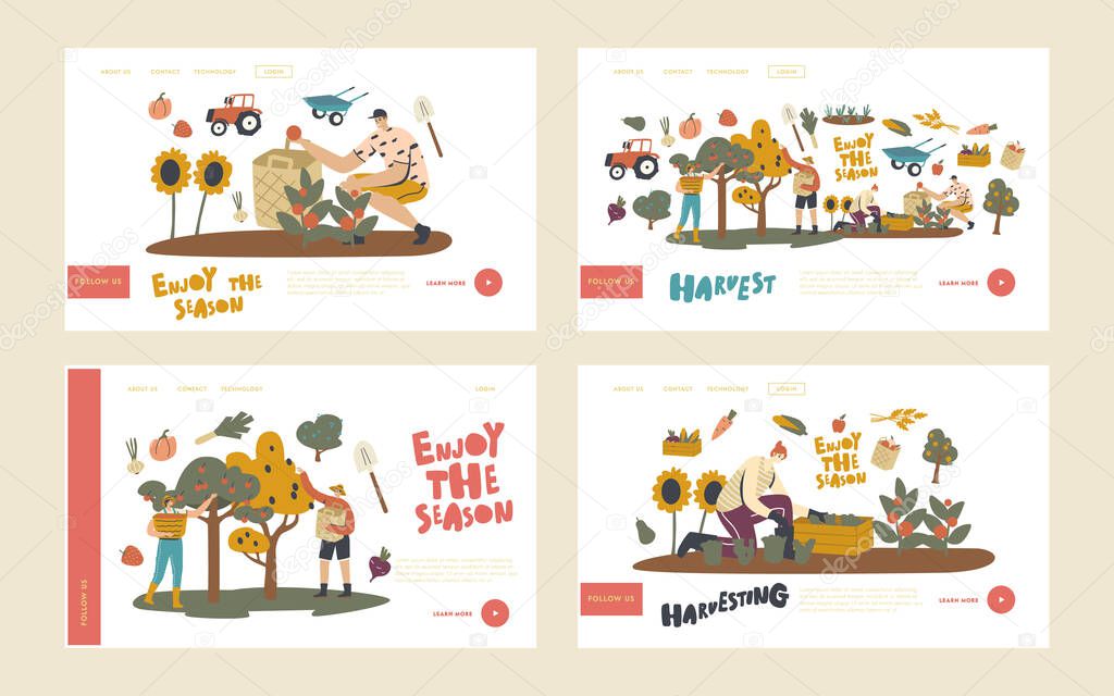 Farmer Characters Work on Garden or Orchard Harvesting Landing Page Template Set. Gardeners Collect Fruit and Vegetable