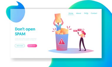 Hata ve Çöp Posta Bildirimi İniş Şablonu. Dev Çöp Kutusunda Oturan Küçük Erkek Karakteri Zarfı