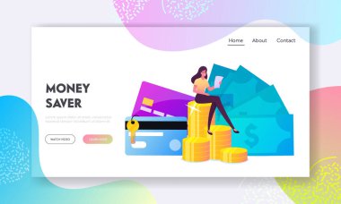 Boşanma İniş Sayfası Şablonundan Sonra Kadın Mülkün Bir Parçası Oluyor. Dişi Karakter Altın Paraların, Kartların ve Anahtarların Üzerine Oturur