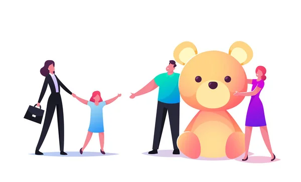 Carácter de trabajador social que lleva al niño huérfano a nuevos padres con un enorme regalo de oso suave. Adopción, Custodia y Cuidado de Niños — Vector de stock