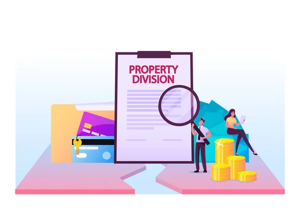 Tiny Male Lawyer Reading Property Division Contract with Huge Magnifying Magnifying Glass. Mujer sentarse en monedas de oro y tarjetas bancarias — Vector de stock