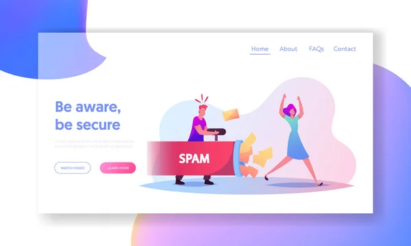 Spam and Info Tranding Page Template Tiny Male Character Shooting with Envelopes from Huge Pipe, Email Messages, — стоковий вектор