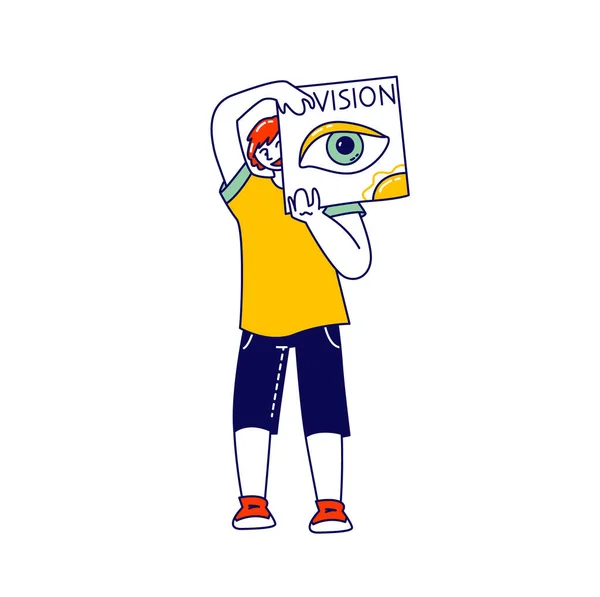 Happy Child Holding Card met open oog geïsoleerd op witte achtergrond. Boy Show Visie Een van de vijf menselijke gezichtspunten — Stockvector